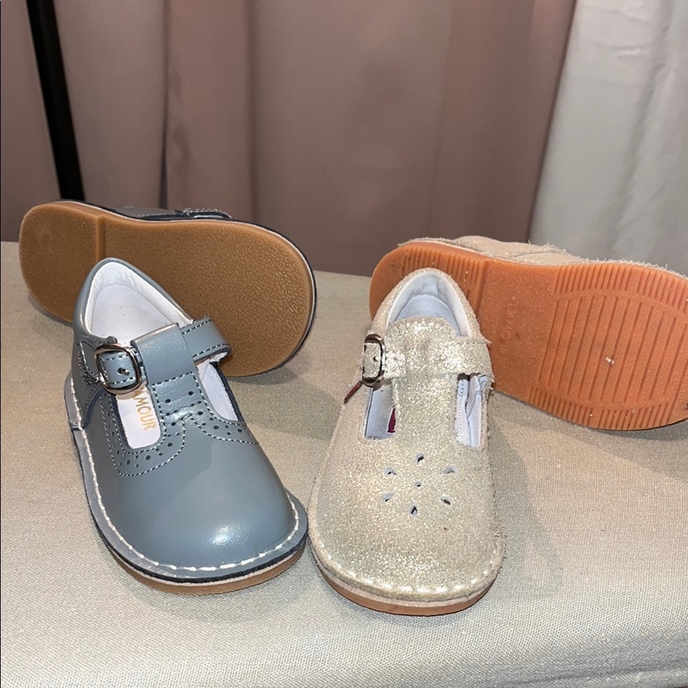 L'Amour Gray and Gold Dress Shoes with T-Strap Design
